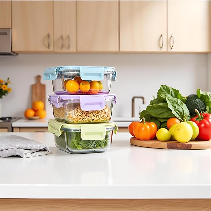 8PC Square Glass Containers With Lids, Glass Square Meal Prep Containers Set, 2 Cup Clear Small Food Containers For Soup Snack fruit, Microwave, Dishwasher, Freezer Safe - (4 color)