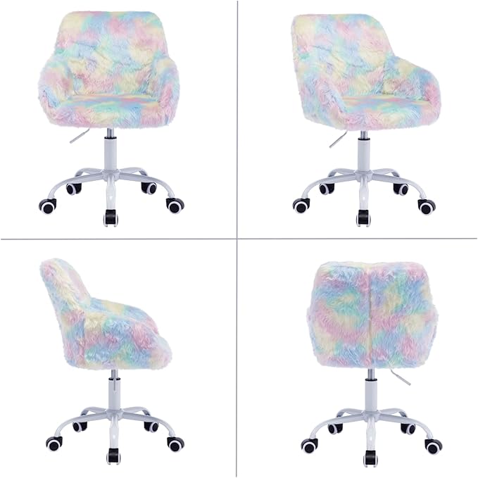 HEAH-YO Swivel Kids Chair, Adjustable Desk Chair with Armrest and Back, Cute Faux Fur Study Chairs for Boys and Girls, Rainbow Color