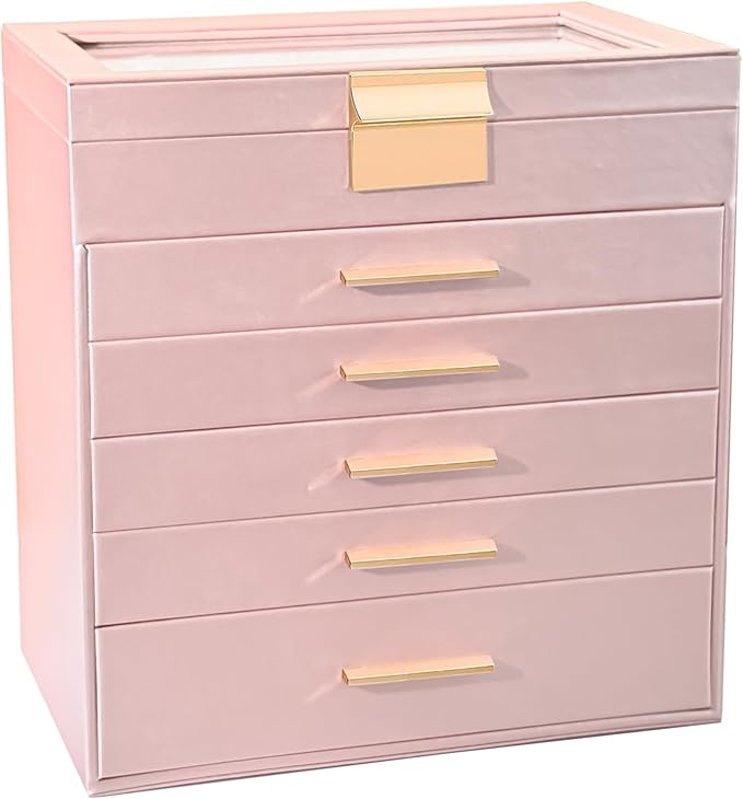 BOOVO Jewelry Boxes for Women, White and Black 6 Layer Large Jewelry Box for Necklace, Bracelet, Earrings, Rings Storage, Jewelry holder Organizer for Girls Gift (Rose gold, 6 layer)