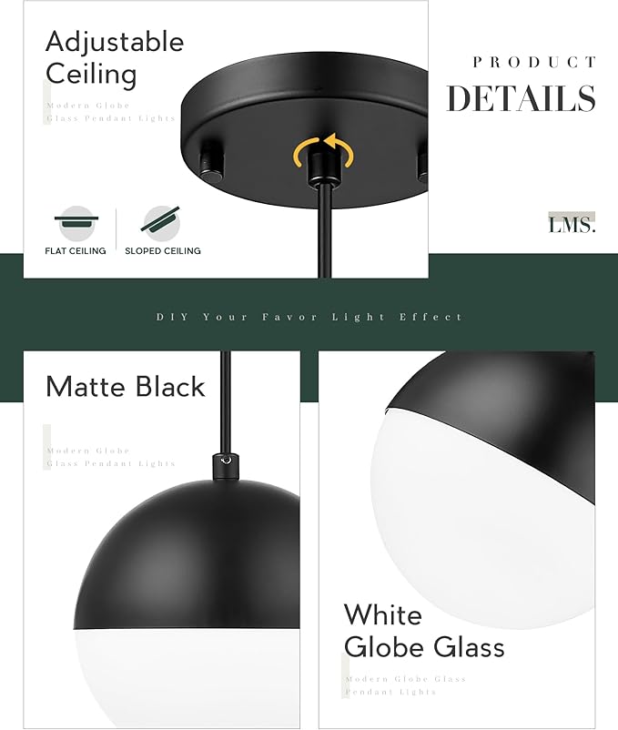 LMS 6-inch Mid Century Pendant Light, Matte Black Pendant Light Fixtures with White Globe Glass, Adjustable Hanging Ceiling Light Fixtures for Dining Room Living Room Bedroom, LMS-186BKS
