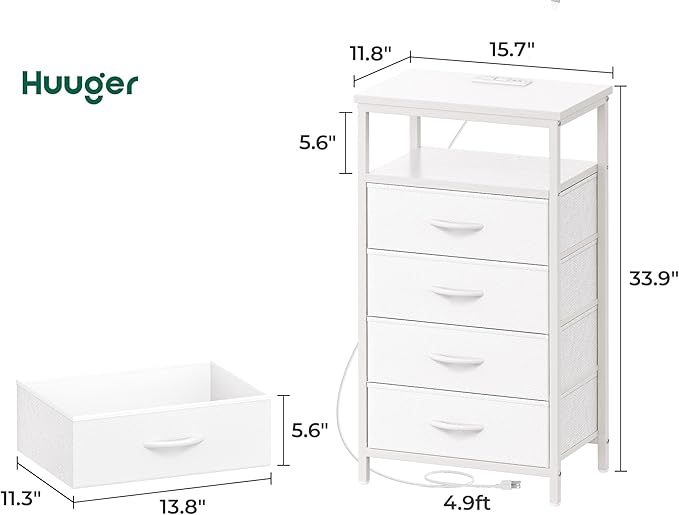 Huuger Night Stand with Charging Station, Multiple Drawer Dresser for Bedroom, Bedside Table, Tall Nightstand with PU Leather Finish, Open Shelf, End Table, for Closet, Entryway, Bedroom, White