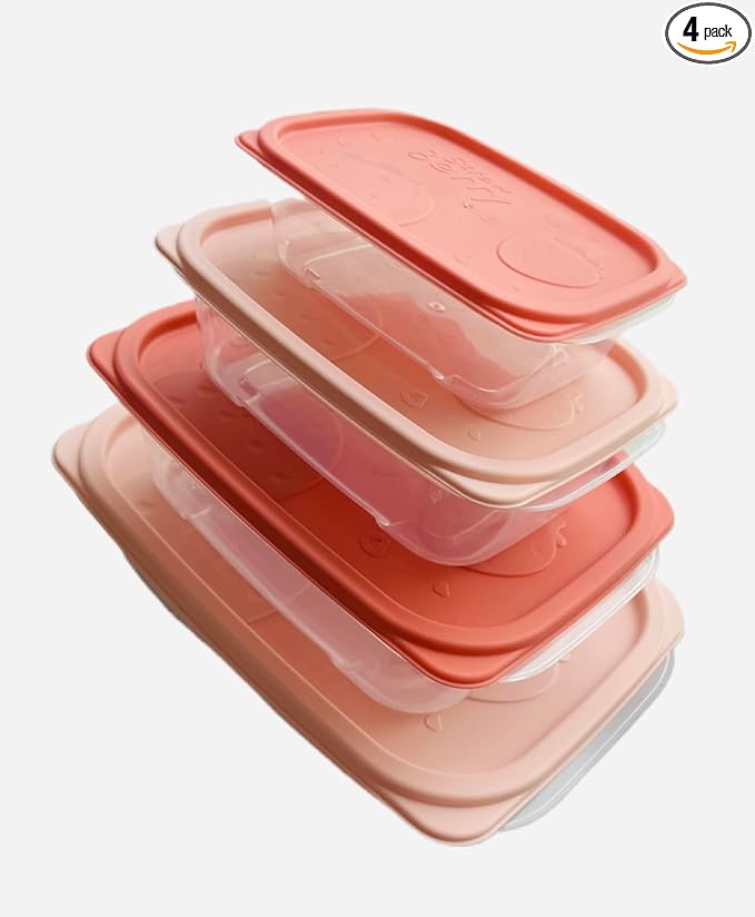 Plastic Food Storage Container Set, 4 Containers with Lids, Assorted Colors (RECTANGULAR PINK) The set includes containers of various sizes - 260 ml, 550 ml, 1100 ml, and 2000 ml