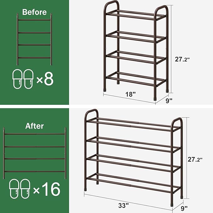 Metal Shoe Rack, Expandable Metal Shoe Rack for Closet, Entryway & Hallway (Brown, 4-Tier_Long)