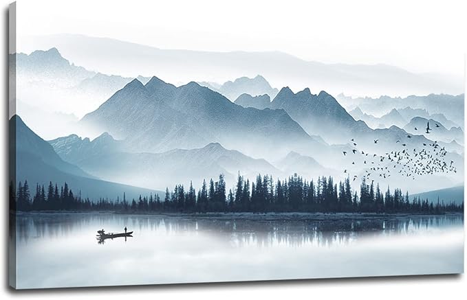 arteWOODS Indigo Canvas Wall Art - Misty Mountain & Foggy Lake Boat Painting - Grey Blue Forest Birds - 20" x 40" Canvas Wall Decor for Living Room