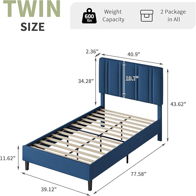 Twin Bed Frame, Upholstered Platform Bed with Button Tufted Headboard, Blue Bed Frame Twin Size for Kids Girls Boys, No Box Spring Required, Easy Assembly, Blue