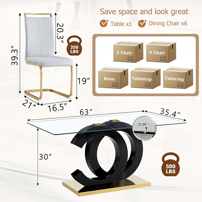 63'' Glass Dining Table Set for 6, Kitchen Table Chairs Set of 6, Clear Glass Dining Table with Black unique design Leg and Gold Metal Base, 6 PU Dining Chairs with Metal Legs, Living Room, Kitchen.