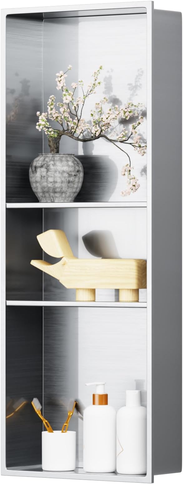 12" X 30" Shower Niche Insert Tile Ready, Niche for Shower Wall, 3-Tier Stainless Steel Recessed Shelves No Tile Needed for Bathroom Storage, Brushed Nickel