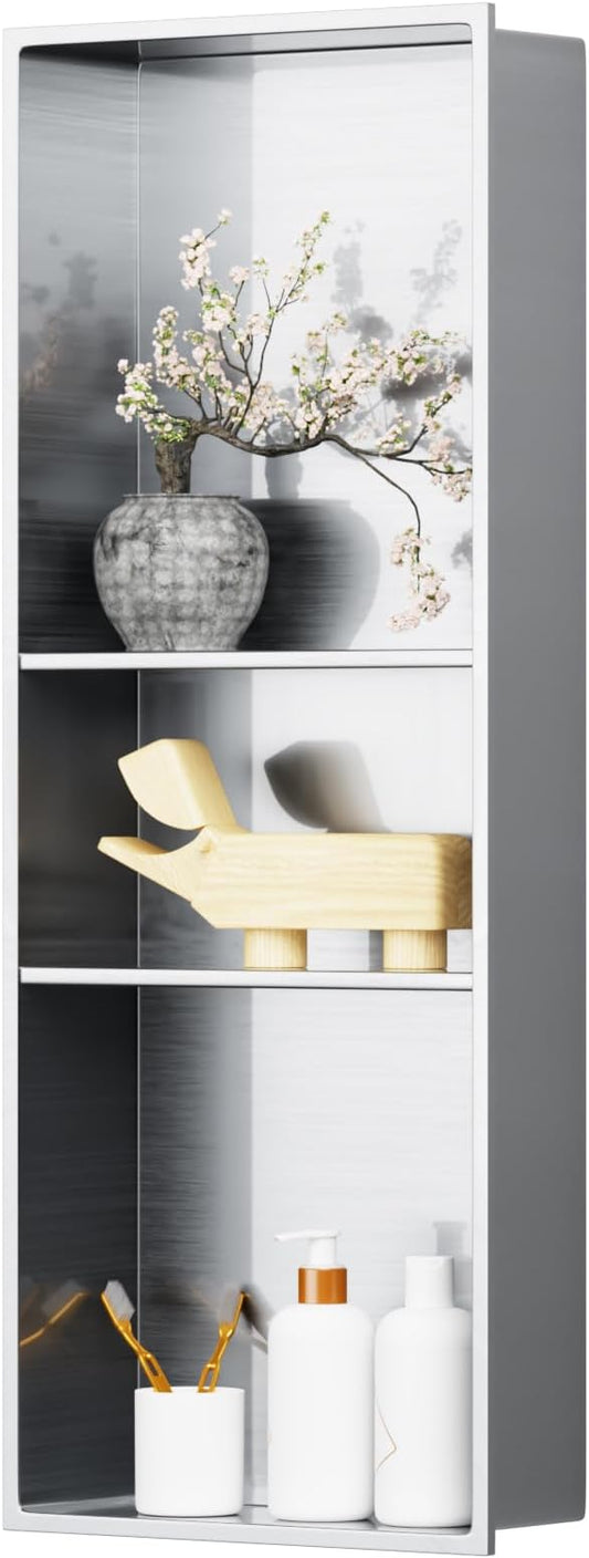 12" X 30" Shower Niche Insert Tile Ready, Niche for Shower Wall, 3-Tier Stainless Steel Recessed Shelves No Tile Needed for Bathroom Storage, Brushed Nickel