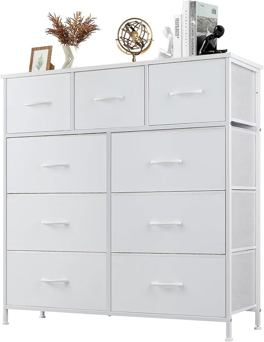 Sweetcrispy Dresser with 9 Drawers for Bedroom, Fabric Dresser Storage Tower, Chest of Drawers Organizer Unit, Storage Cabinet for Hallway, Closets, Steel Frame, Wood Top
