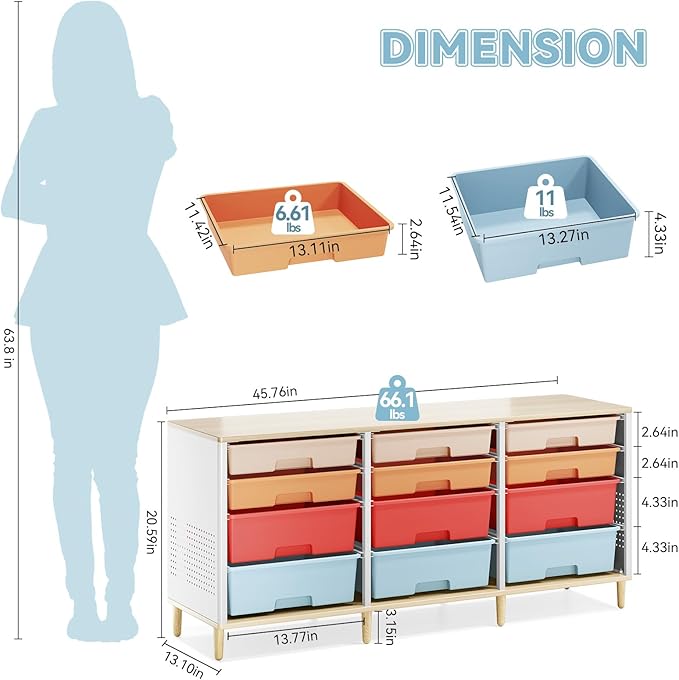 Storage Cabinet with 12 Drawers, Home Storage With Wooden Tabletop, Cube Storage Organizer for Living Room, Bedroom, Classroom, Office, Playroom, Craft Room, (Colorful)