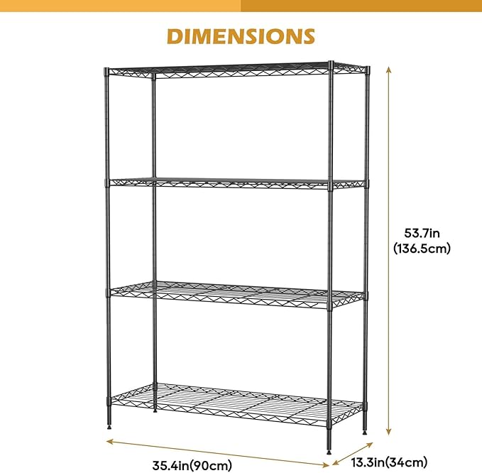 PayLessHere 4 Tier Shelving Unit 13.4" D×53.7" W×35" H Metal Shelving Standing Storage Shelf with 4 Steel Frame Adjustable Layer Racks Metal Commercial Shelf for Kitchen, Garage (Black)
