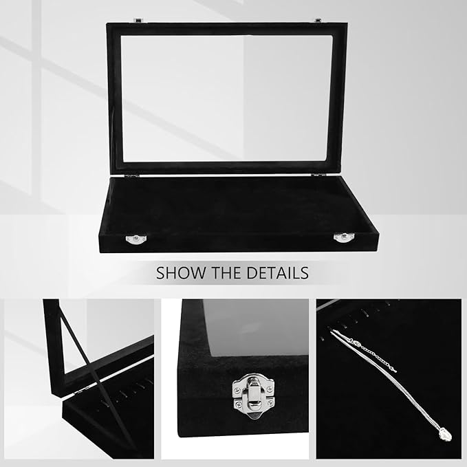 Wudygirl Jewelry Organizer Necklace Organizer Box 20 Hooks Necklaces Holder Display Case Black Velvet Jewelry Organizer with Clear Lid(Black Necklace Tray)