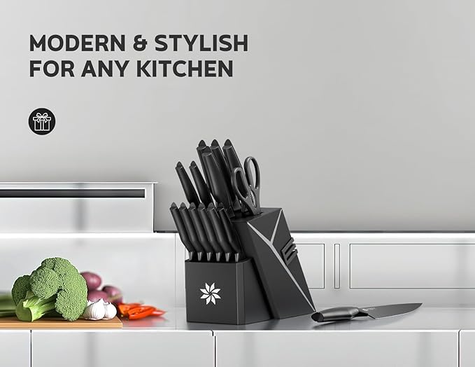 Kitchen Knife Sets with Block -15 PCS Knife Set with Bulti-in Sharpener, Dishwasher Safe, Stainless Steel Kitchen Knife with Ergonomic Handles, Sharp knives for Men and Women,Black