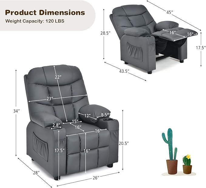 Kids Recliner, Kids Recliner Chair w/ 2 Cup Holders, PU Leather Kids Chairs Compy w/Adjustable Backrest & 3 Pockets, Toddler Furniture Sofa for Boys Girls Aged 3+ (Grey)