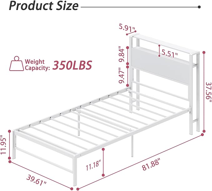 Weehom Twin Bed Frames for Kids, Twin Size Bed with 2 Tiers Wood Shelves Headboard No Box Spring Needed Easy Assembly Heavy Duty Metal Plaform, White