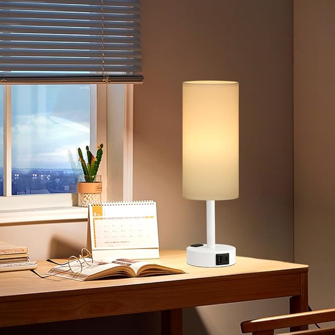 Matte White Bedside Table Lamp for Bedroom - 3 Way Dimmable Touch Lamp USB C Charging Ports and AC Outlet, Small Lamp Round Flaxen Fabric Shade for Living Room, Desk, LED Bulb Included
