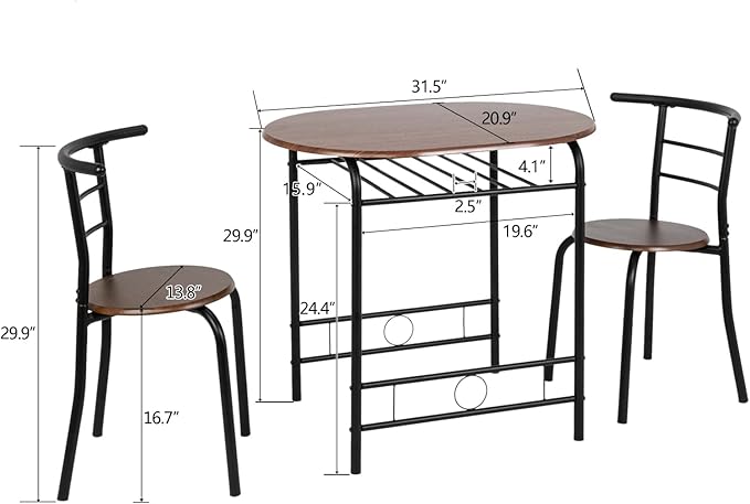 VINGLI 3 Piece Dining Set,Small Kitchen Table Set for 2,Breakfast Table Set for 2,Kitchen Wooden Table and 2 Chairs for Small Space/Dining Room/Apartment,Metal Frame,Wine Rack,Black&Walnut