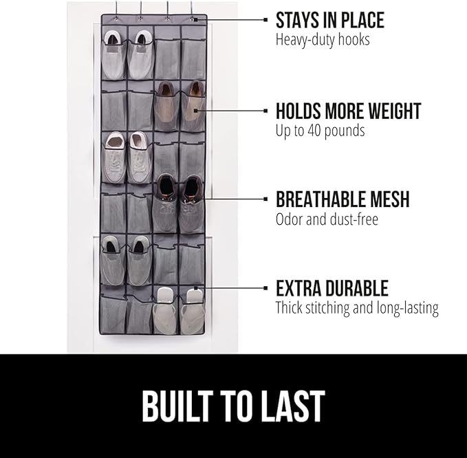 GORILLA GRIP Over the Door Shoe Organizer, 2 Pack, 24 Breathable Mesh Pockets, Space Saving Hanging Storage Holder, Closet Rack Hanger Holds Up to 40 lbs, Hangs on Closets, Shoes, Accessories, Gray