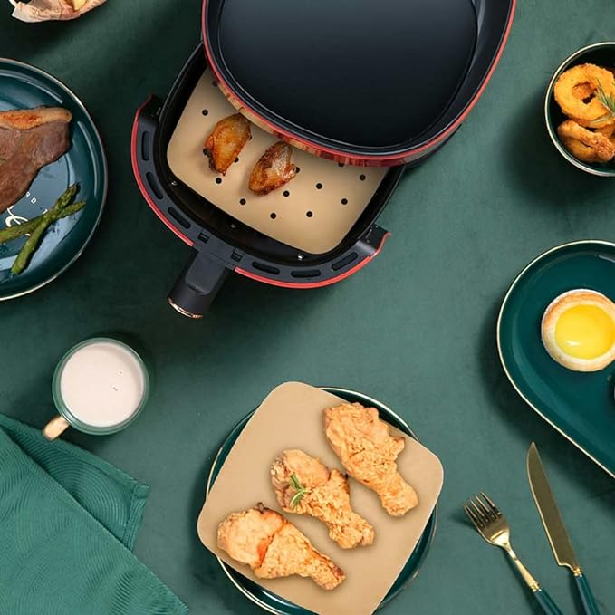 200PCS Parchment Paper, 9 Inch Square Air Fryer Liner, Filter Paper, (100 Perforated & 100 Imperforate), Non-Stick Baking Paper for Steamers, Cake Pan