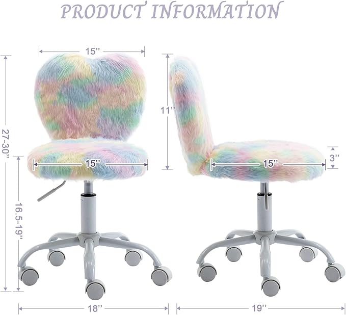 Cute Fuzzy Kids Chair for Teenage Girls Rolling Study Desk Student Chair Furry Computer Task Chair, Adjustable Heart Shaped Reading Vanity Chair for Bedroom, Various