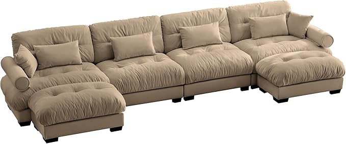 Ball & Cast 166" U Shaped Couch Sectional Couch,4 Seater Modular Couchs with Round Bolster Armrest,6 Pillows,Waist Pillows,Modern Corner Sofa w/ 2 Removable Ottomans,for Living Room,Camel