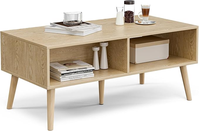 Coffee Table with Storage, Boho Dining Table with Rattan Drawer and Solid Wood Legs, Small Coffee Tables for Living Room, Oak