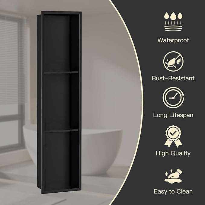 36" X 8" Stainless Steel Shower Niche Insert Tile Ready, Niche for Shower Wall, 3-Tier Recessed Shelf No Tile Needed for Bathroom Storage, Matte Black