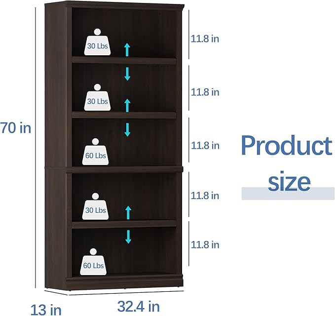 blini 5-Shelf Tall Bookcase Wooden Bookshelves 33in Wide Floor Standing Display Storage Book Shelves 70 in Dark Cherry Bookcase for Home Office, Living Room, Bed Room