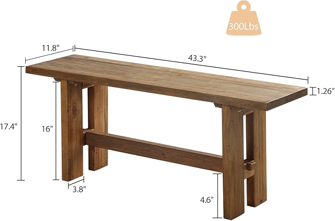 Reclaimed Solid Wood Bench, 43.3" Farmhouse Entryway Bench for Hallway, Kitchen, Dining, Bedroom, Narrow Indoor Bench with Rustic Charm