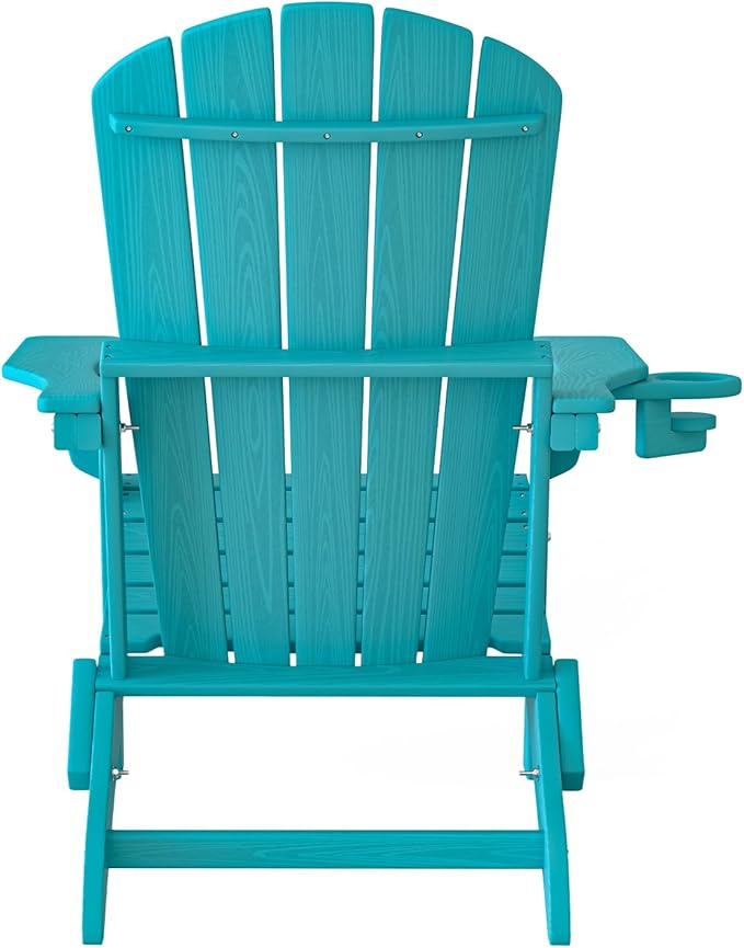 Plawdlik Folding Adirondack Chair, SGS Tested, Wooden Textured with Cup Holder, Heavy All-Weather HDPE Comfortable Set Poolside Backyard Lawn Aruba Blue