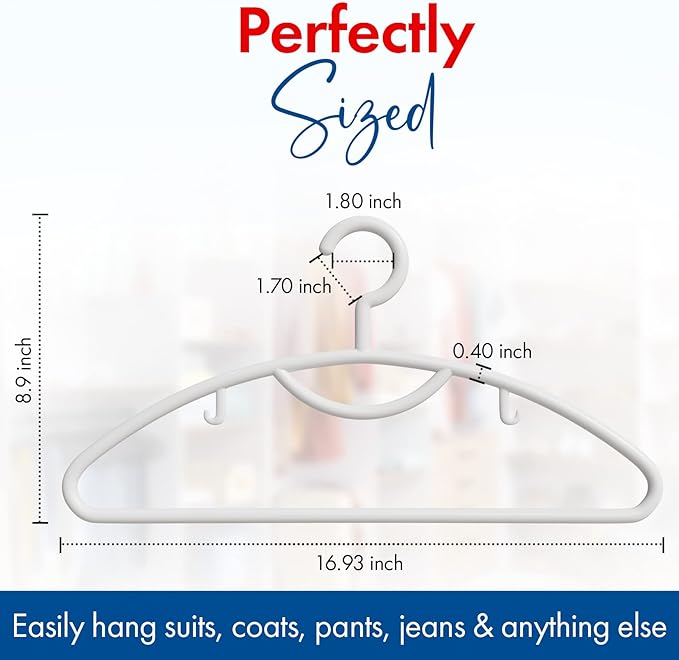 Plastic Clothes Hangers- Heavy Duty Plastic Hangers for Clothes, Coats, Dress, Suits- Non Slip Closet Cloth Hanger with Hook for Scarves, Belts & Ties- Snag Free White Hangers for Shirts (Pack of 18)