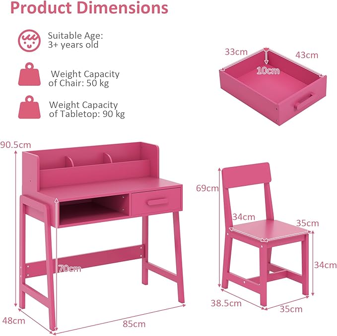 INFANS Table and Chair Set, Toddler Wooden Student Study Desk with Chair Storage Hutch Compartments Drawers for Writing Drawing, Children Furniture for Bedroom School Boys Girls 3+ Years Old (Pink)