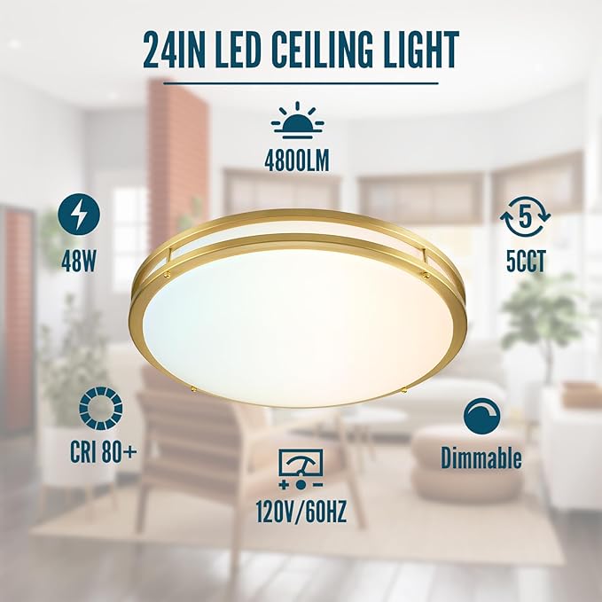 24 inch Gold Ceiling Light Fixture 48W, LED Dimmable Close to Ceiling Light Fixture 5CCT, Modern Flush Mount Ceiling Light for Living Room, Bedroom, Bathroom, Kitchen