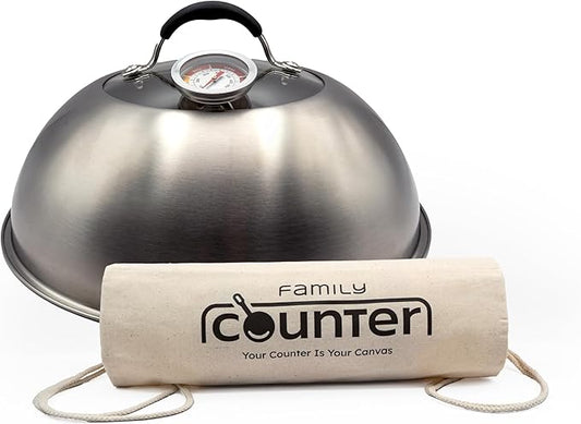 Melting Dome with Thermometer & Glass Top – 12-inch Stainless Steel Griddle Dome - Basting Cover with Steam Vent – Perfect for BBQ, Grilling, Cheese Melting & Family Cooking – 700°F