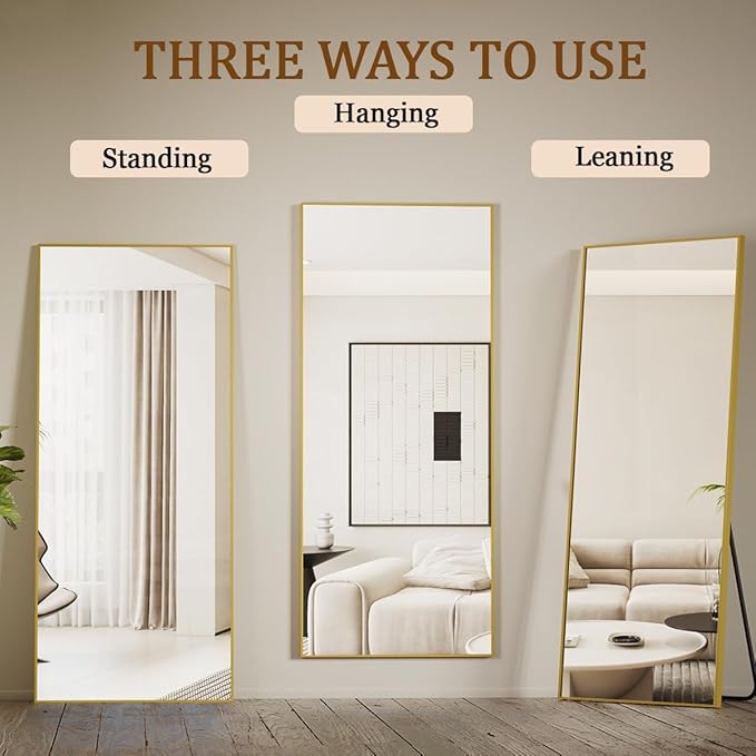 Koonmi Large Mirrors for Wall, 65"x24" Full Length Mirror with Stand, Full Body Mirror with Aluminum Alloy Frame, Hanging or Leaning Against Wall, Floor Standing Mirrors for Bedroom Living Room, Gold