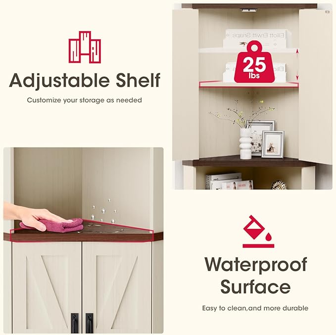 68.5" Tall Farmhouse Corner Cabinet with 4 Doors and 5 Storage Shelves, Farmhouse Storage Cabinet with Barn Door Design, Home Space Saver for Living Room, Kitchen