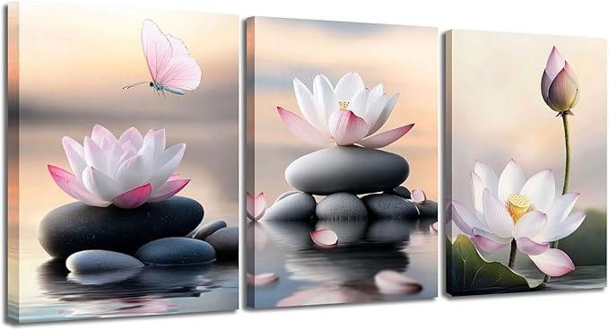 Arjun Flower Pink Lotus Wall Art Canvas Zen Stones Black Painting White Flower Pond Floral Bloosm Framed for Bathroom Spa Salon Living Room Bedroom Kitchen Home Office Wall Decor, 12"x16"x3 Panels