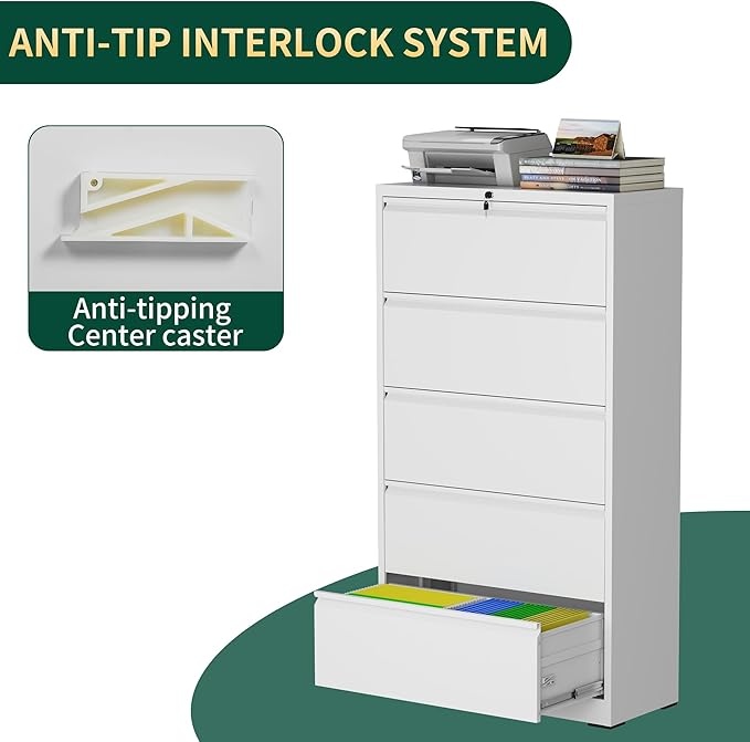 5 Drawer Lateral File Cabinet with Lock, Metal File Cabinets for Home Office, Steel Heavy-Duty Filing Storage Cabinet for Letters/Legal/A4 (Require Assembly, White)