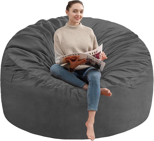 3FT Bean Bag Chair, Comfy Bean Bag Chairs with Memory Foam Filled, Fluffy Beanbag Sofa with Dutch Velvet Cover, Round BeanBag Chairs for Living Room, Playroom- Grey