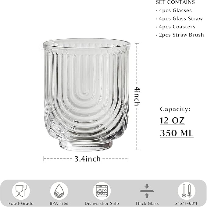 INSETLAN Vintage Glassware Arch Design Glass cups Set of 4, Fashioned Ripple Glassware Highball Glass, Classic Transparent Cocktail Glasses, for Bar Beverages Ice Coffee Juice Water (4pcs-S)