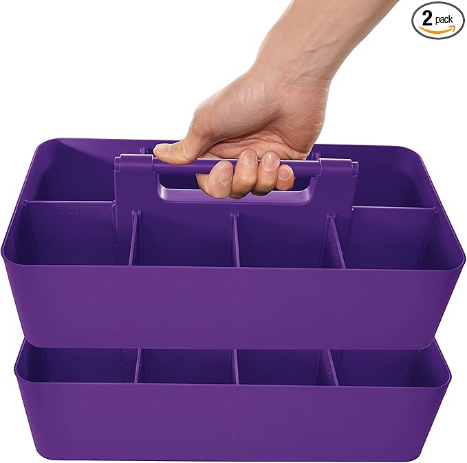2 PACK Portable DIY 8 Dividers Durable Plastic Tote Tool & Supply Cleaning Caddy with Handle Made In USA (Royal Purple)