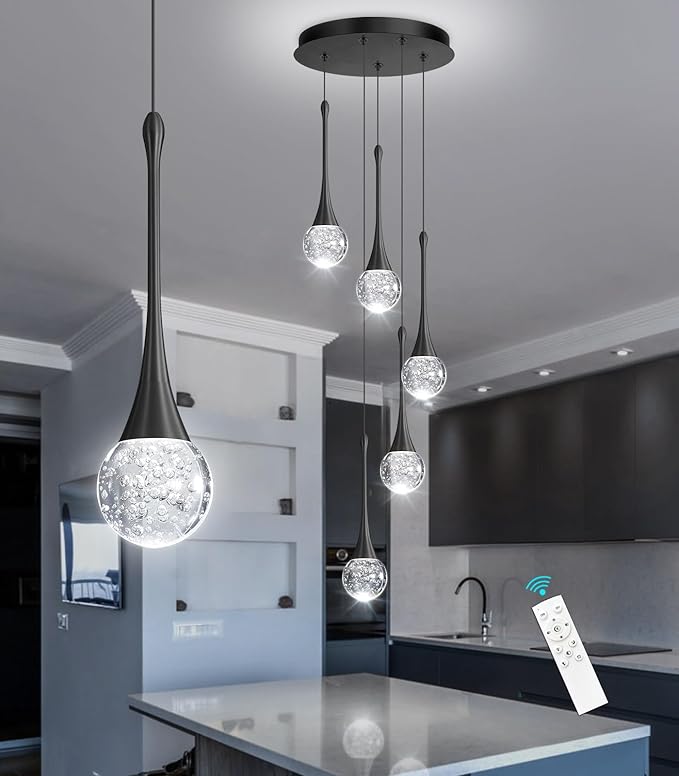 cenzoz 5-Lights Modern Pendant Lights for Kitchen Island LED Dimmable Chandelier Crystal Glam Ceiling Pendant Lighting for Dining Room Hallway Bedroom Lamp Black