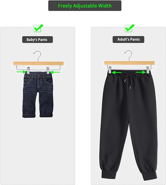 Nature Smile Solid Lotus Wood Deluxe Wooden Pants Hangers Bottom Hanger Jeans Hanger Skirt Hanger with 2-Adjustable Clips Anti-Rust Hook Pack of 10 (Natural)