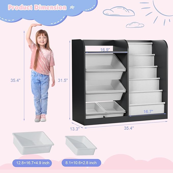 Black Kids Wood Bookshelf Toy Storage Box Organizer Shelf W/4 Removable Plastic Toy Bins Children Bookcase Toddler Baby Sling Book Rack Cabinet Chest Girl Boy Gift Playroom Classroom Bedroom Nursery