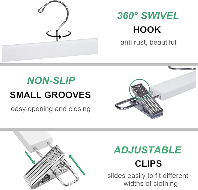 Amber Home 10 Pack 14.17" Solid White Wooden Pant Skirt Hangers, Bottom Hangers for Slacks Trousers Jeans with 2-Adjustable Anti-Rust Clips (White, 10 Pack)