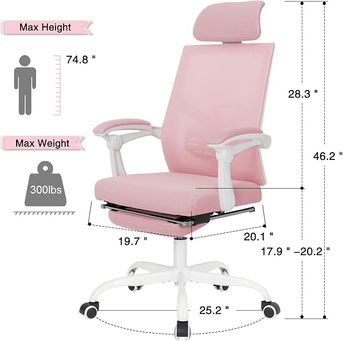 Qulomvs Mesh Ergonomic Office Task Chair with Footrest, Headrest and Backrest 90-135 Adjustable Computer Executive Home Desk Chair with Wheels 360 Swivel