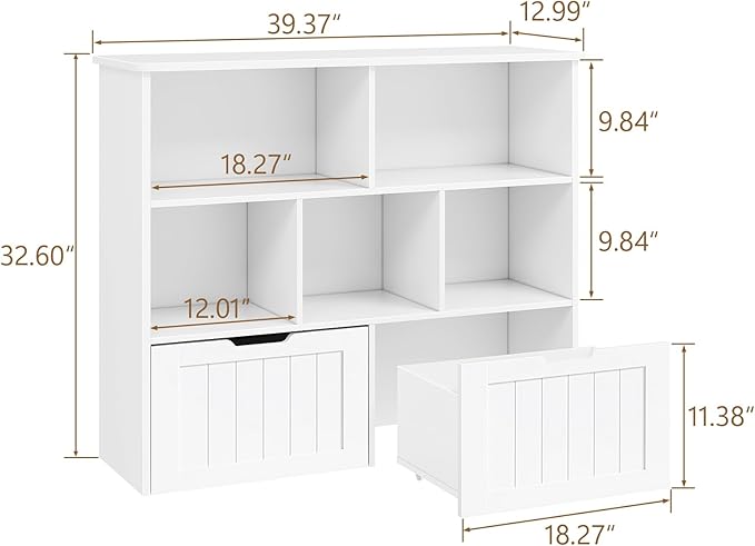 Toy Storage Organizer with Bookshelf, Large Toy Organizers and 2 Movable Drawers with Hidden Wheels and 5 Storage Cubbies, Kids Bookshelf and Toy Storage Chest, Playroom Furniture, White