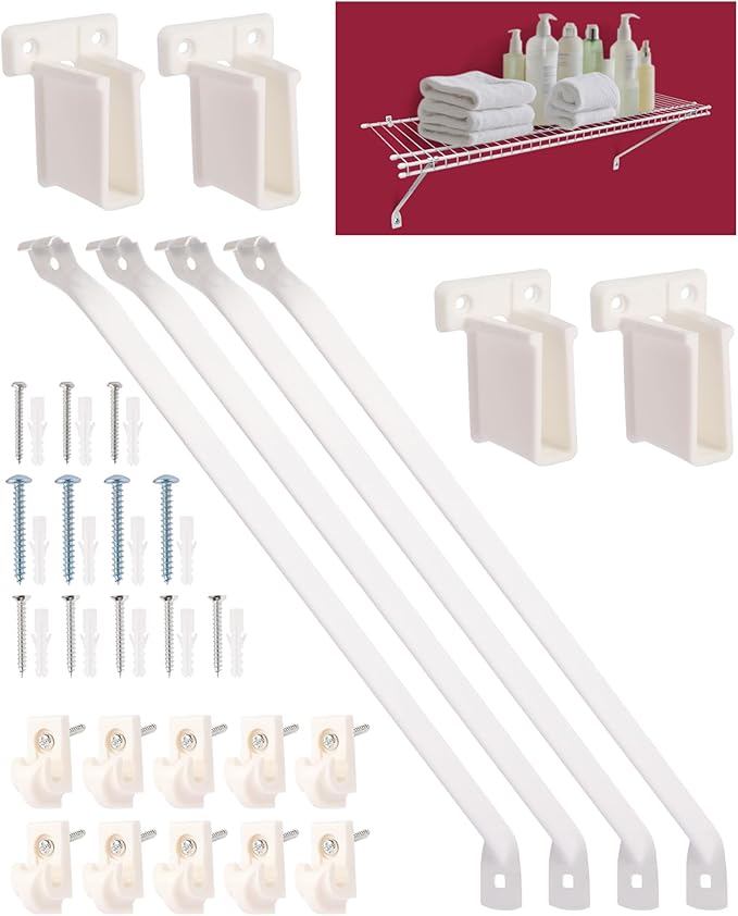 Heavy Duty Shelf Brackets for 12" Closet Maid - 25kg Max Load Rust-Proof Metal Kit w/4 Rack Support Brackets, 4 End & 10 Clips, Easy Install Wire Shelving in Laundry, Closet, Garage, Kitchen, RV