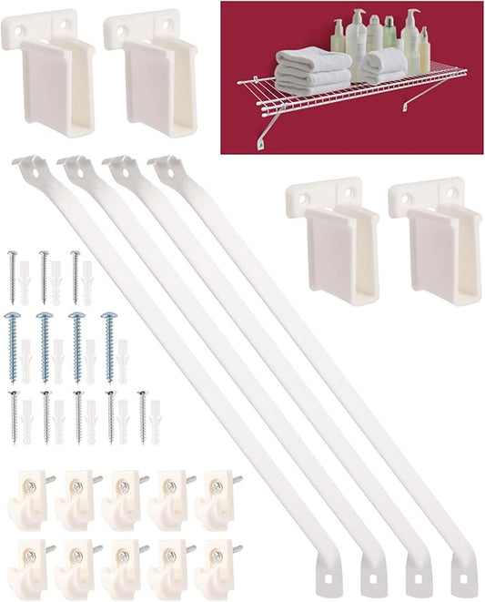 Heavy Duty Shelf Brackets for 12" Closet Maid - 25kg Max Load Rust-Proof Metal Kit w/4 Rack Support Brackets, 4 End & 10 Clips, Easy Install Wire Shelving in Laundry, Closet, Garage, Kitchen, RV