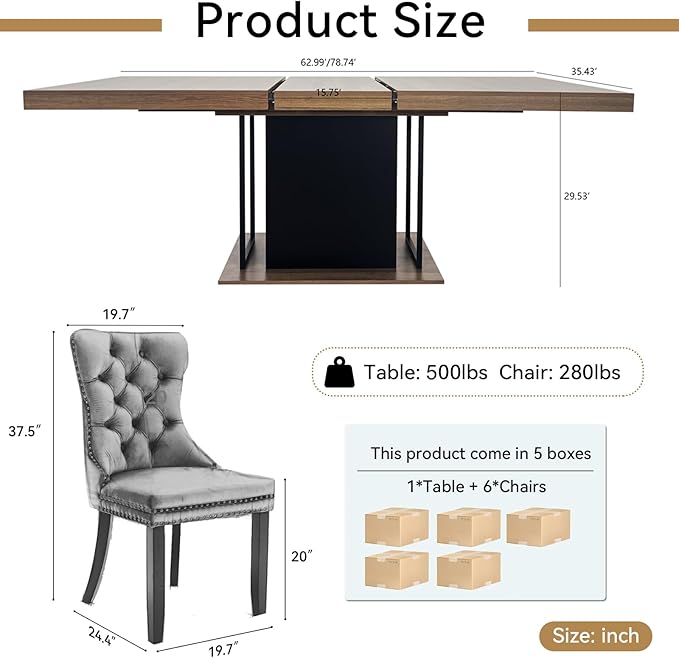 Goujxcy 78.7" Farmhouse Extendable Dining Room Table Set for 6, 7-Piece Rectangle Kitchen Dining Room Table Set with Wood Base and 6 Green Velvet Dining Chairs, Extending Kitchen & Dining Table Set